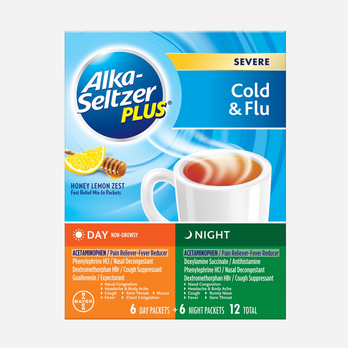 Alka-Seltzer Plus Severe Cold & Flu, Day + night Honey Lemon Mix-in Packets, 6ct
