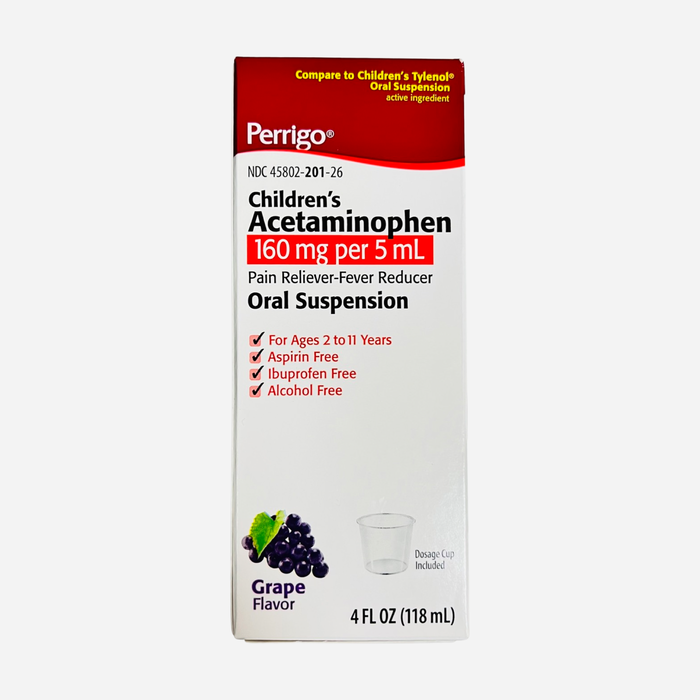 Perrigo Children's Acetaminophen Oral Suspension Pain & Fever Reliever Liquid, Grape Flavor, 4 FL OZ